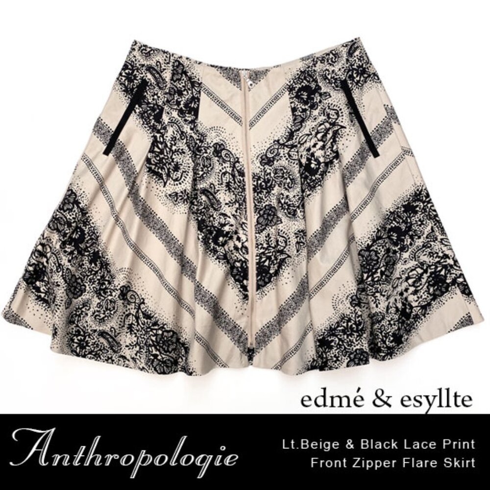 Anthro Edme & Esyllte Lt.Beige & Black Lace print Front Zipper Skirt Size 4
